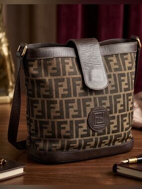 Fendi Brown Monogram Zucca Canvas Messenger Bag with Dark Brown Leather Trim